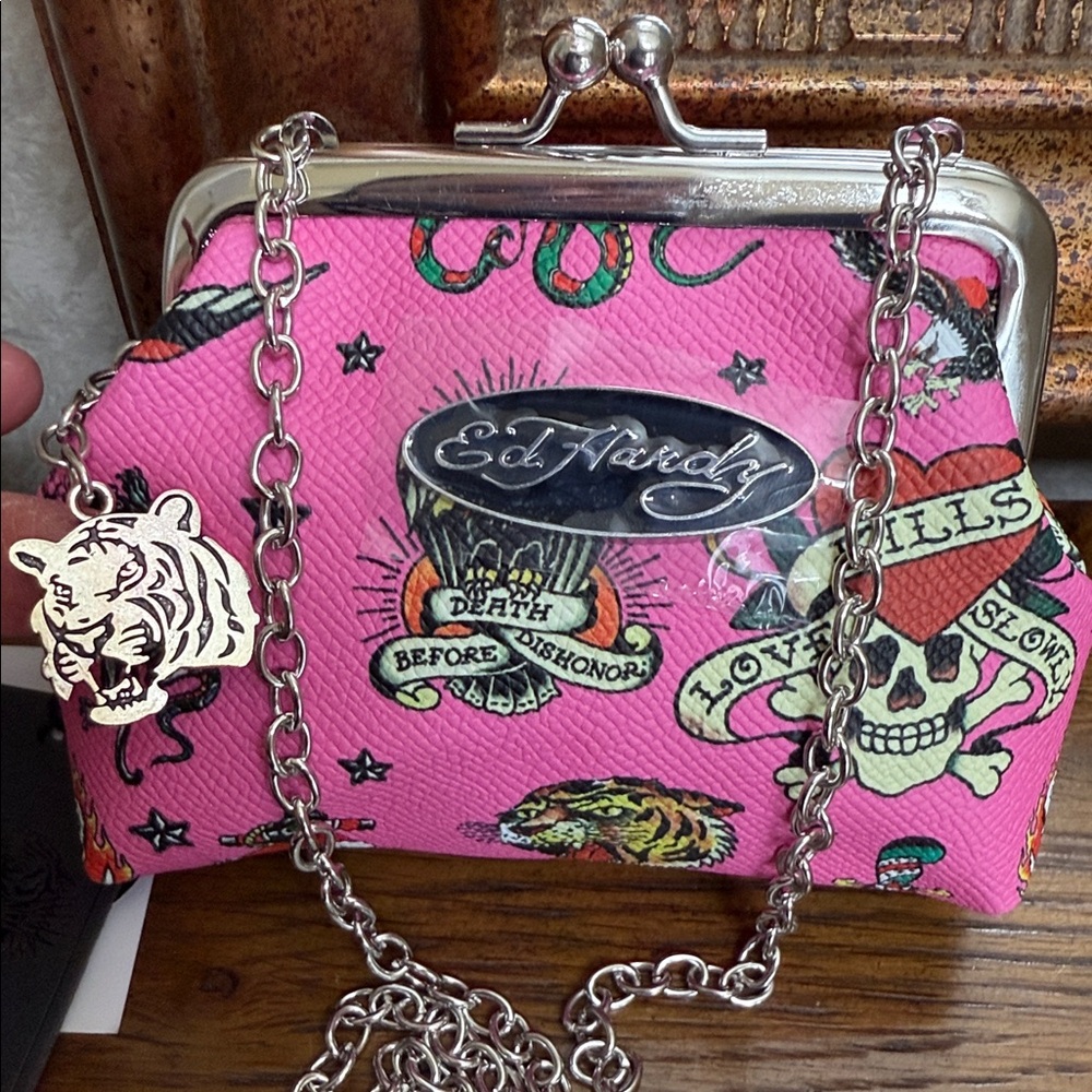 Ed Hardy Pink Graphic coin/money purse with Silver Chain Shoulder Strap.